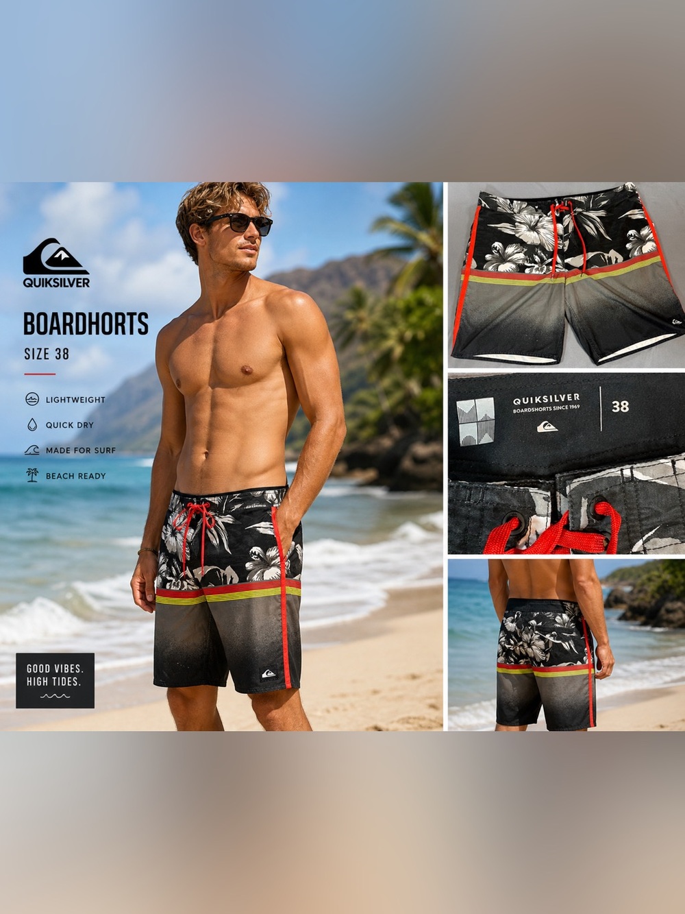 Quiksilver Black Floral Swim Boardshorts with Red Trim